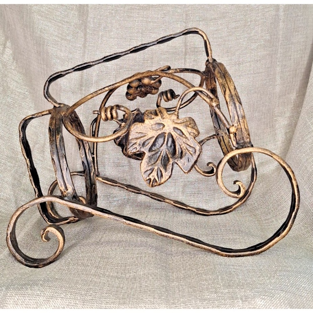 Wrought Iron Wine Bottle Holder Server Black Gilded Grapes Vines Antiqued Finish